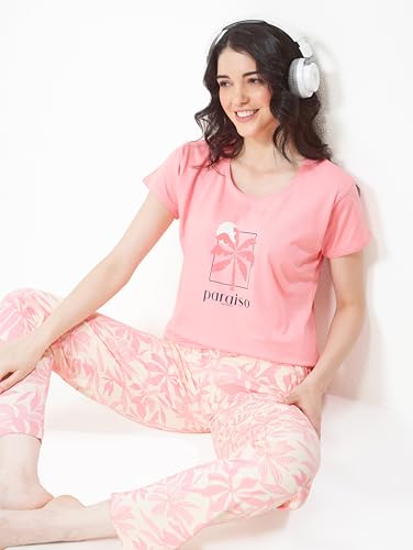 Image of LOTIK Women's Cotton Floral Print Top-Payjama Half Sleeve Nightsuit Set