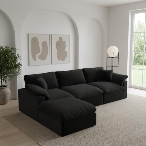 Image of Modular Sectional Sofa Cloud Couch,Down Filled Comfy Cloud Modern Sofa,Black Linen L Shape Oversized Couch Cushion Covers Removable Furniture for Living Room