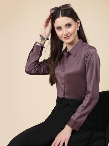 Image of Style Quotient Women Olive Satin Regular Formal Shirt