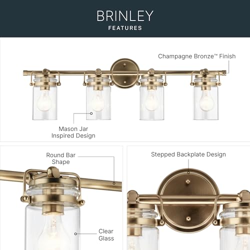 Image of Kichler Brinley 4-Light Bathroom Vanity Light Fixture with Clear Glass in Champagne Bronze, Industrial Farmhouse Style for Mirror Lighting (32.5 inch x 10.25 inch x 6.75 inch), 45690CPZ