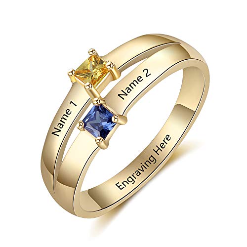 ALBERTBAND Personalized Mother Rings with 2 Simulated Birthstones Engraved Any Name Promise Name Rings for Couples Engagement Rings for Her (Gold, 10)