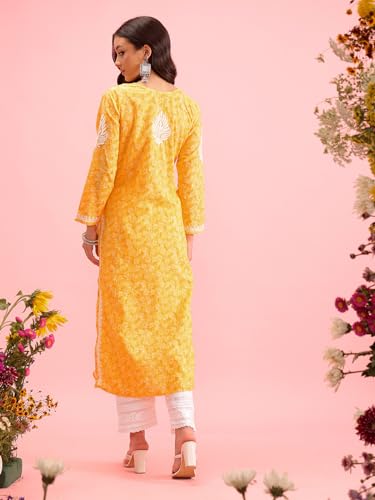 Image of Ada Women's Cotton Straight Fit Straight Hand Embroidered Lucknowi Chikankari Kurta Kurti A411378