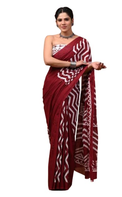 Maroon Saree with White Geometric Print, Cotton Mulmul, Traditional Indian Ethnic Wear-image-25