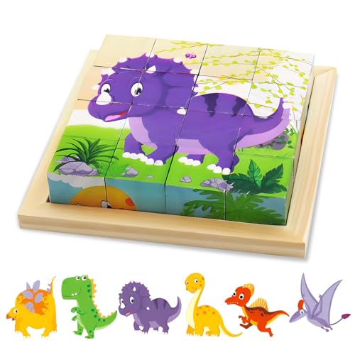 4 Stück Dinosaurier Holzpuzzle - Montessori Lernspielzeug Für Kinder Ab 2-4 Jahren