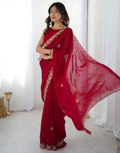 Image of SIRIL Women's Tissue Silk Sequence Embroidery Saree with Unstitched Blouse Piece