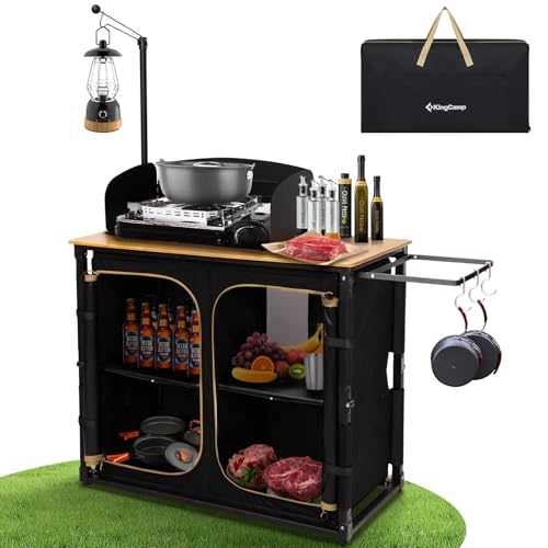 KingCamp Cocina de camping – Cocina exterior bambú/aluminio, mueble plegable con soporte lámpara, almacenamiento y protector viento, ideal para camping y picnic (cocina de camping con soporte lámpara)