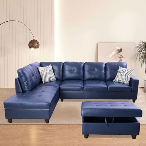 Image of L-Shaped 3-Piece Semi PU Synthetic Leather Sofa with Storage Ottoman Set, Sectional Couch Sofa Set for Living Room, Office, Small Space, Blue