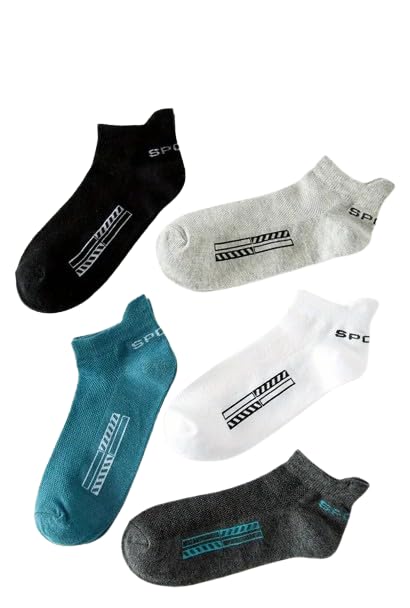 5 Pairs Sports Solid Ankle Length Socks for Men & Women, Multicolor, Pack of 5, Free Size,106