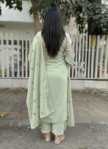 Image of GoSriKi Kurta Sets for Women Viscose Embroidered | Kurta Pant Dupatta Set | Straight Kurti Set for Women | Round Neck 3 /4 Sleeve Ethnic Suit | Designer Indian Kurti Outfit with Pants