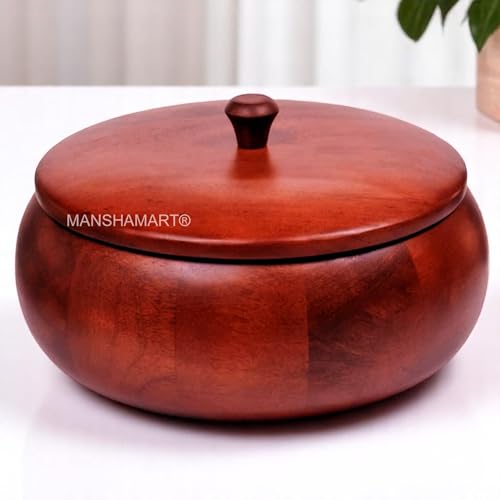 Image of Wood Chapati Box Casserole wooden hotpot roti box chapati holder Wooden Chapati Box for Kitchen Roti Server Tableware- 1500ml, Color- Mahogany