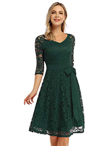 KOJOOIN Damen Vintage Brautjungfernkleid für Hochzeit Knielang Langarm Spitzenkleid Cocktailkleid Dunkelgrün S