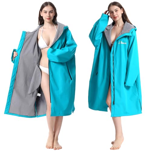 Oksun Oversized Waterproof Swim Parka: Windproof Warm Swimming Coat - Water Resistant Jacket - Thin Fleece Lined Surf Poncho (S-M, Teal)