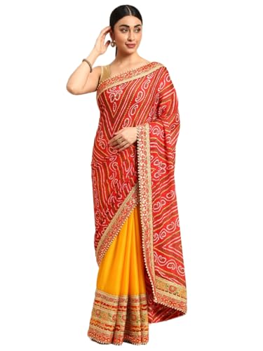Image of Pandadi Saree Women's Elegance Chiffon Bandhani Saree with Heavy Lehenga Design