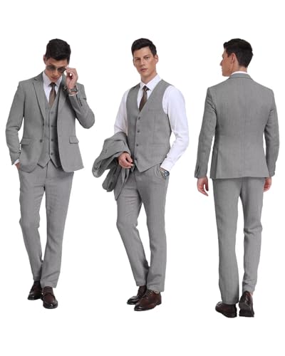 Image of Retro 3 Piece Suit Tweed Herringbone Men's Suits Slim Fit Groom Tuxedos Set Prom Brown Grey Jacket Blazer Vest Pants