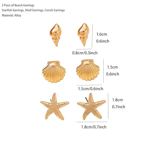 Gold Starfish Shell Earrings for Women Set 3 Pairs Summer Beach Vacation Earrings for Women Ocean Jewelry4