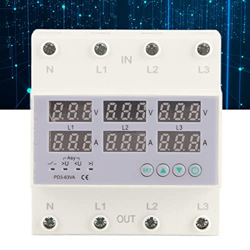Image of 3 Phase DIN Rail Voltmeter Power Meter, AC 390‑500V Digital Ammeter Automatic Overvoltage Overcurrent Protector, 3 Phase Watt kwh Amp Electricity Tester (63A)