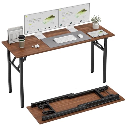 Image of TEMI Long Computer Desk Folding Table - 55.1 inch Foldable Office Desk, No Assembly, Perfect Writing Table for Bedroom, Dorm, or Apartment, Portable Large Desk or Study Table with Compact Design, Walnut