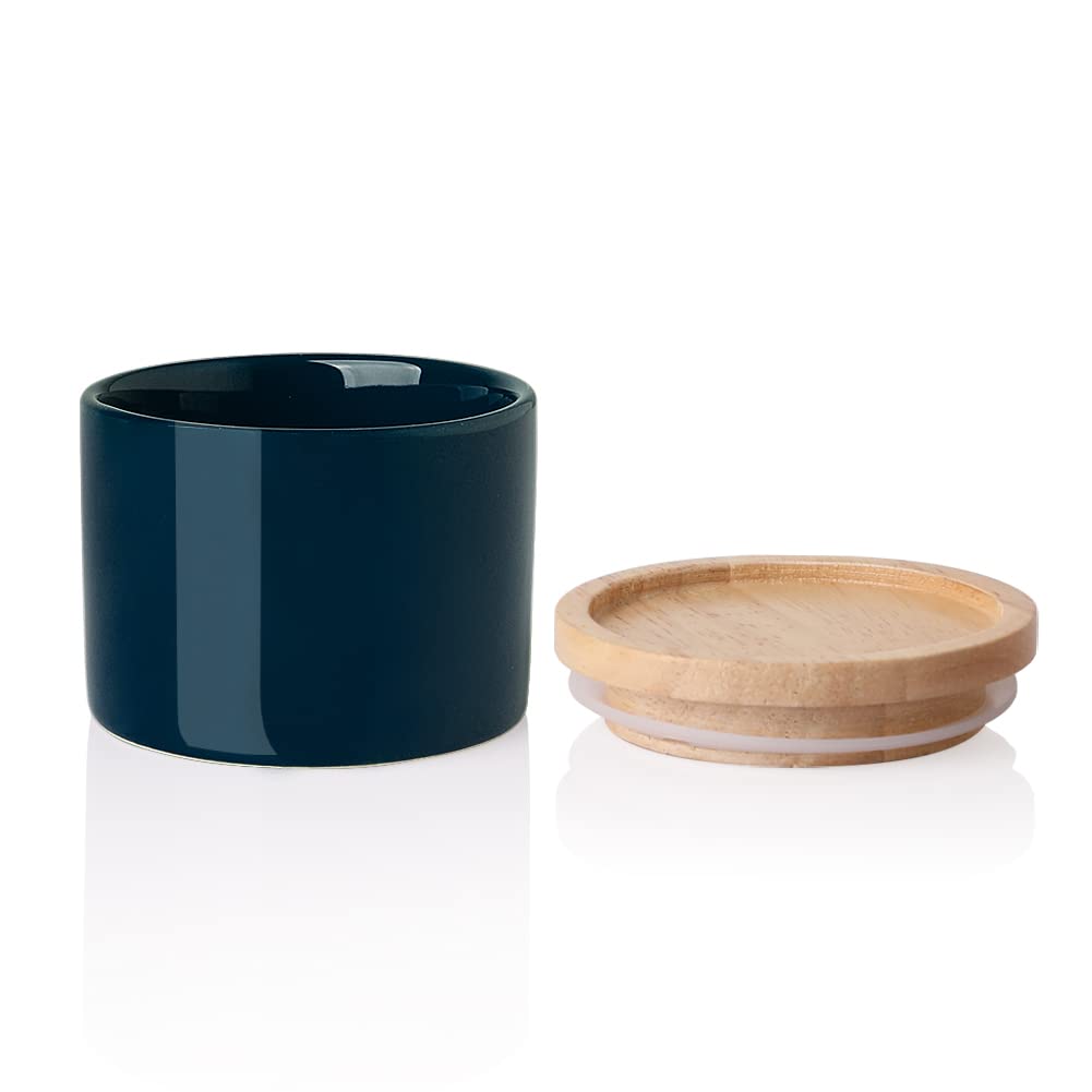 SweejarKitchen Canisters Ceramic Food Storage Jar, Stackable Containers with Airtight Seal Wooden Lid for Serving Ground Coffee, Tea, Sugar, Spice and More - 5 Fl Oz(Navy)