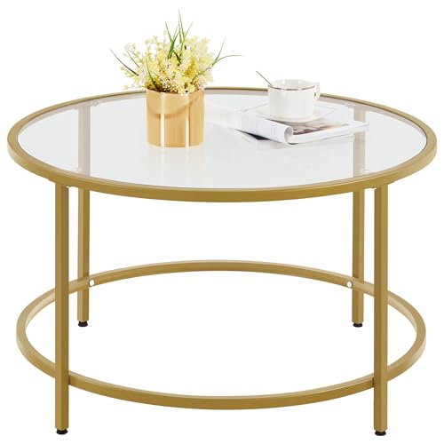 Yaheetech Mesa de Centro Redonda de Cristal Con Marco de Acero - Salón y Café, Cristal Templado 80 x 80 x 45 cm, Estilo Moderno Dorado