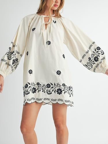 Image of Joiemont Womens Embroidered Long Sleeve Mini Dress Loose Fit Vintage Embroidery Dress with Double Neckline Self Tie