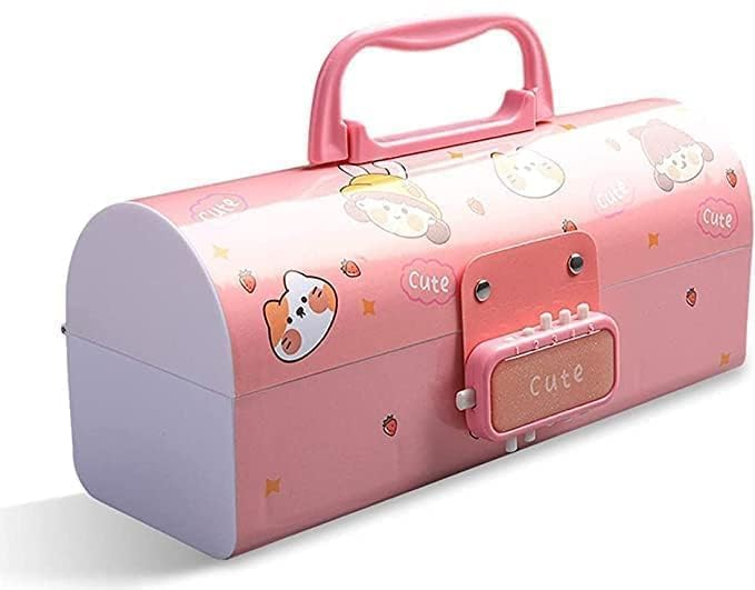 Image of WORSHIPER Cartoon Theme Pencil Box for Kids | Suitcase Style Password Lock Stationery Organizer | Multi-Layer Pen & Pencil Case for Boys & Girls (CPB- Cute Pink)