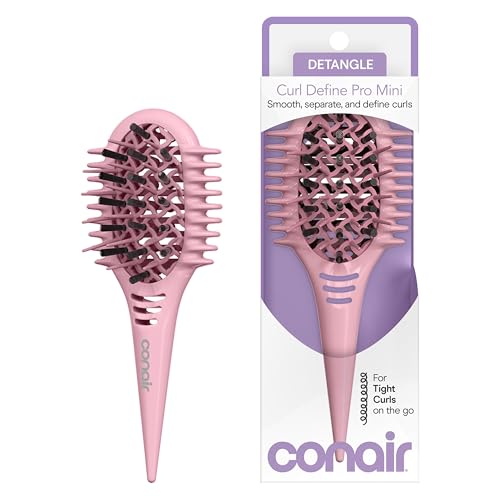 Image of Conair Curl Define Pro Mini Detangling Brush, Tight Curly Hair, Pink | For wet or damp hair and tight curls, built-in sectioning handle, reduces frizz and breakage, travel-friendly, compact size