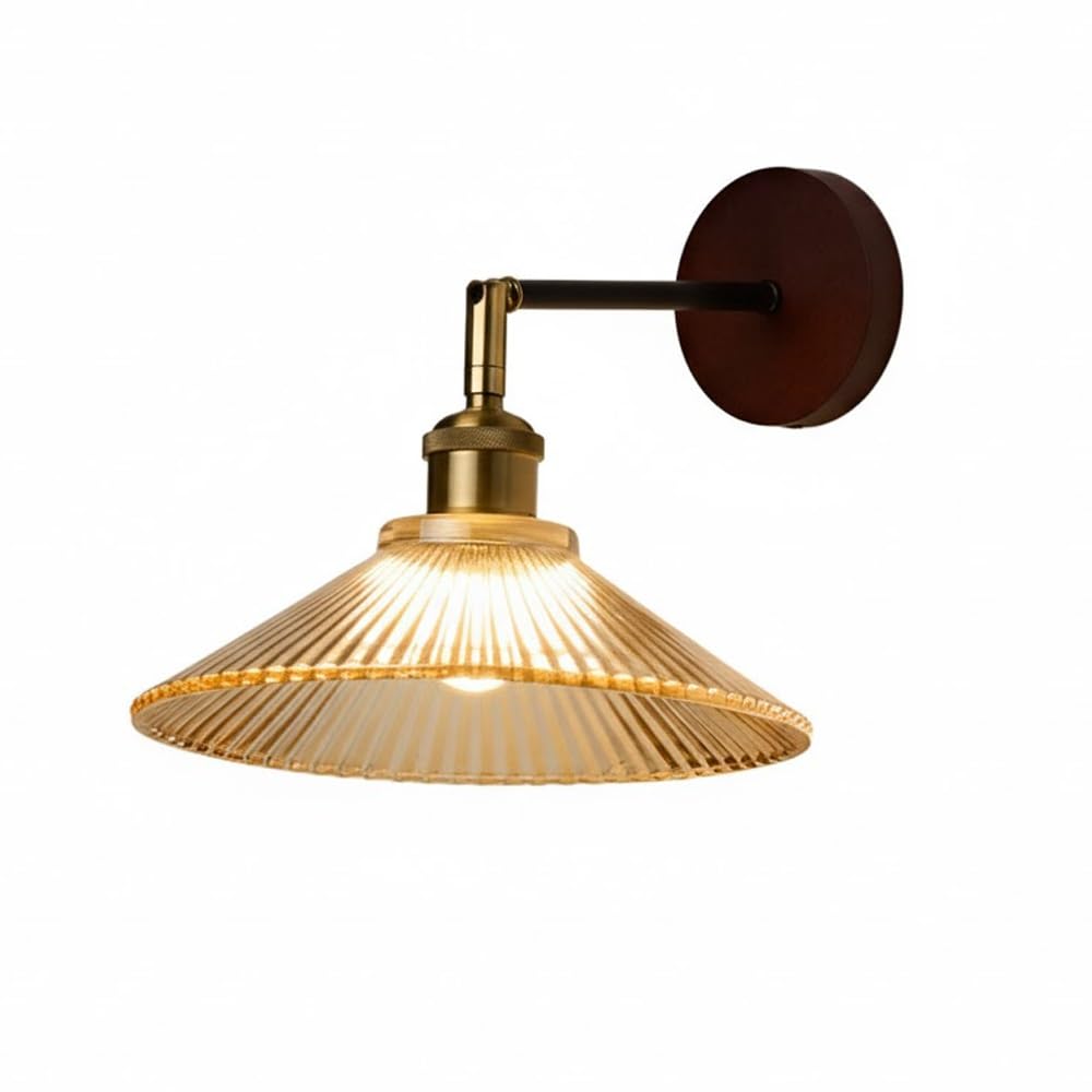 NHPJFDC Vintage Industrial Wall Sconce, Adjustable Ribbed Amber Glass Wall Lamp, Rustic Brass & Wood Light Fixture, E26 Accent Lighting for Bedroom, Bathroom Vanity, Farmhouse.Living Room.
