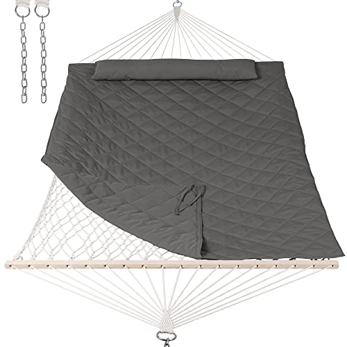 Image of ANOW Outdoor Rope Hammock with Spreader Bars, Heavy Duty Hammock with Pad for Outdoors Indoors, 450 LBS Weight Capacity, Gray
