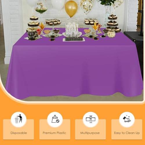 Image of tujol Purple Disposable Plastic Table Cloth Roll 54 inch X 100', Plastic Table Cover with Cutter Box, Cut to Size Disposable Tablecloth for Parties