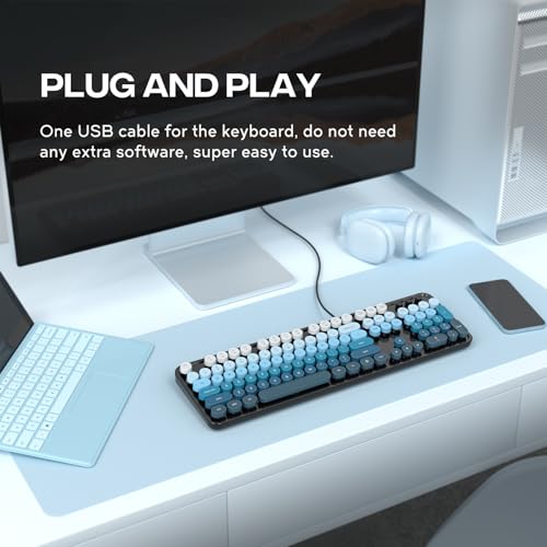 Image of Atelus Wired USB Computer Keyboard, Full-Size Retro Typewriter Keyboard with Numeric Keypad, Plug & Play for Windows PC Laptop Home Office (Black Blue)
