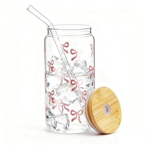 Bvxchg Reusable Iced Coffee Cups with Bamboo Lids & Straws - Stylish Pink Plastic 16oz Bow Mug for Cold Brew & Iced Tea