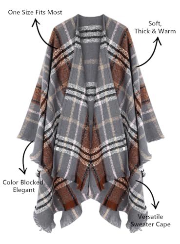 Image of Bestshe Women's Boho Open Front Poncho Plaid Shawl Wrap Cape | Tassel Cardigan Sweater, Cozy Layering, Fall Winter Clothes for Women