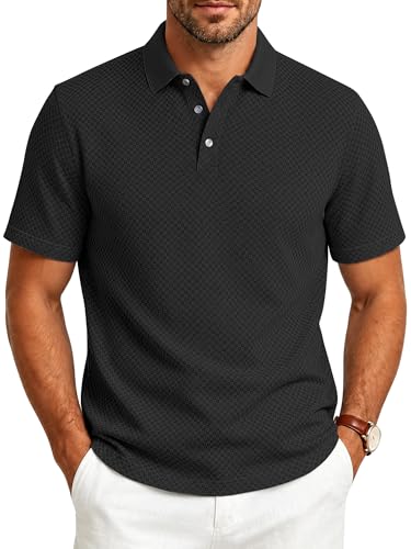 TRFIC Men's Casual Polo Shirts Summer Short Sleeve Textured Polo Shirt Collared Business Tops Black