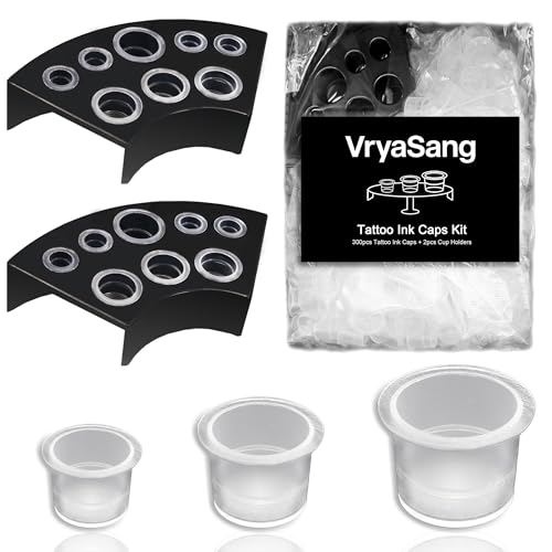 VryaSang 302pcs Tattoo Ink Caps Kit - 100 Small 100 Medium 100 Large Tattoo Ink Cups + 2 Black Cup Holders for Permanent Makeup Container Cap Tattoo Accessory Tattoo Supplies