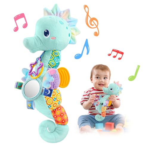 Image of LIGHTDESIRE Baby Toys Musical Seahorse,Infant Stuffed Animal Toys with Crinkle and Rattles,Soft Sensory Toys with Textures for Tummy Time Newborn Boys Girls 0 3 6 12 Months(Blue)