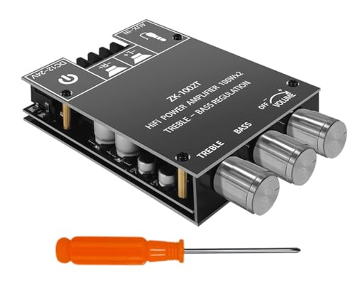 100W+100W 2-Channel Bluetooth Amplifier, DC 12V-24V Mini AUX/Bluetooth Amplifier Board for DIY Speakers, Treble and Bass Control Mini Stereo Amp for Car Motorcycle (ZK-1002T)