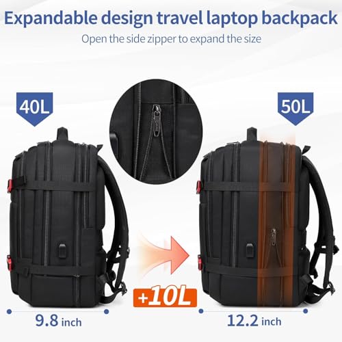 Image of DUSLANG 50L Carry on Backpack,Expandable Extra Large Travel Suitcase Daypack Backpack Airplane Approved Weekender Backpack for Men and Women,Fits 17.3 Inch Laptop with Rain Cover, Black