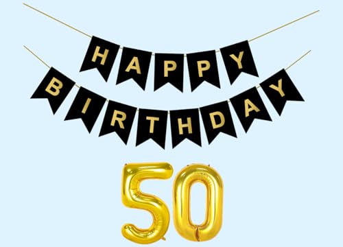 Image of 50th Happy Birthday Decoration Kit Black for 50 year Old Boys Girls Men Women with Number Fifty Party Decorations Decor Celebration Items Item Set Combo Reusable Paper Banner