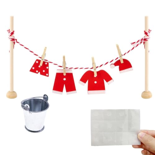 Wichtel Zubehör Weihnachten, Miniatur Wäscheständer Set - inkl. Wäscheständer Miniatur Zubehör für Puppenhaus Möbel Holz Kleidung und Klammern, Holz Weihnachtsdeko Wichtel Tür