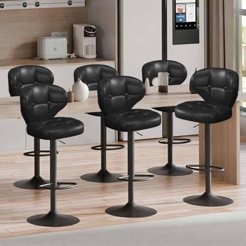 Image of Modern Bar Stools Set of 6, Adjustable Swivel Upholstered Full-Back Counter Height Bar Chairs for Kitchen Island, Dining Room, Bar Black