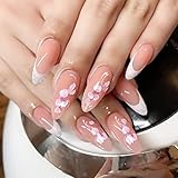 Flowers Press on Nails Medium Fake Nails Pink Flowers False Nails with Silver Glitters Design Full C