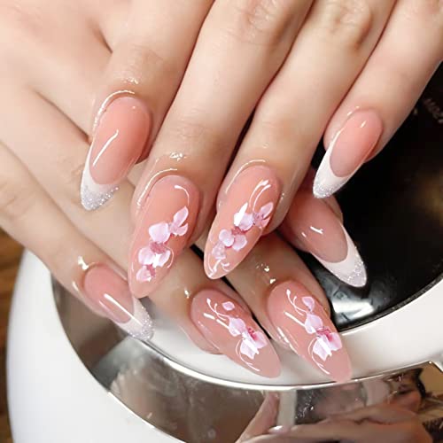Flowers Press On Nails Medium Fake Nails Pink Flowers False Nails With Silver Glitters Design Full Cover Almond Shaped Glue On Nails Glossy French Tip Acrylic Press On Nails For Women Girls(24Pcs) #TOP11