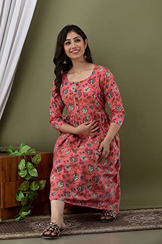 Image of Women's Rayon Printed Maternity Dress Pregnancy Casual 3 /4 Sleeve Dual Zipped for Feeding Nursing Maternity Comfort Dress Kurta