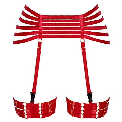 Arnés punk para mujer, liguero, medias, cintura y cuerpo, correa enjaulada, marco de lencería pentagrama, gótico, Halloween, baile, club, fiesta, rave Wear, rosso, Talla única Cover