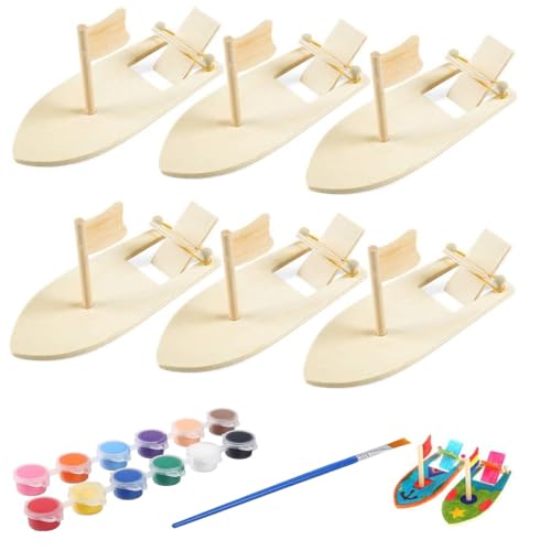 Rcxnm Holzboot Spielzeug, 6 Stück Holz Segelboot Set zum Bemalen und Dekorieren, Mini Holz Segelboot Lernspielzeug für Kinder