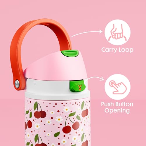 Image of 18 oz Insulated Water Bottle for Kids: Meoky Stainless Steel Water Bottle with 2-in-1 Straw and Spout Lid - Leak Proof, Cold for 24 Hours, BPA-Free for Girls School Sports, Sweet Cherry