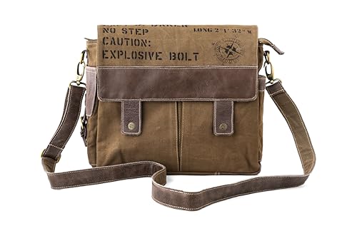 3B-Upcycled Vintage Military Leather Canvas Shoulder Bag Laptop Messenger Bags Medium Crossbody Purse, Boho Bag with 2 Straps