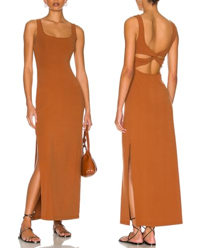 Image of ALENDA DANMOS Women Backless Maxi Dress High Sides Slit Bodycon Tank Dress Twist Low Back Casual Sundress 122