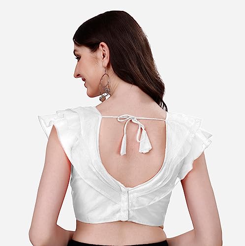 Image of Pujia Mills Women's V Neck Orgenza Three Layer Ruffle Sleeve Frill Readymade Saree Blouse