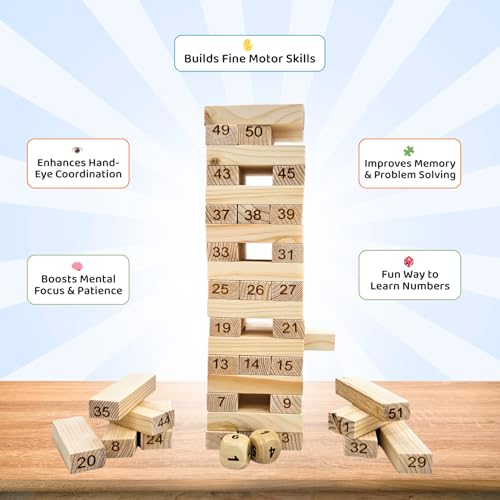 Image of 54 Pcs Wooden Tumbling Tower Game | Indoor Stacking Puzzle Blocks for Kids, Adults & Families | Fun Balancing Toy for Boys & Girls of All Ages | Party Game & Brain Training